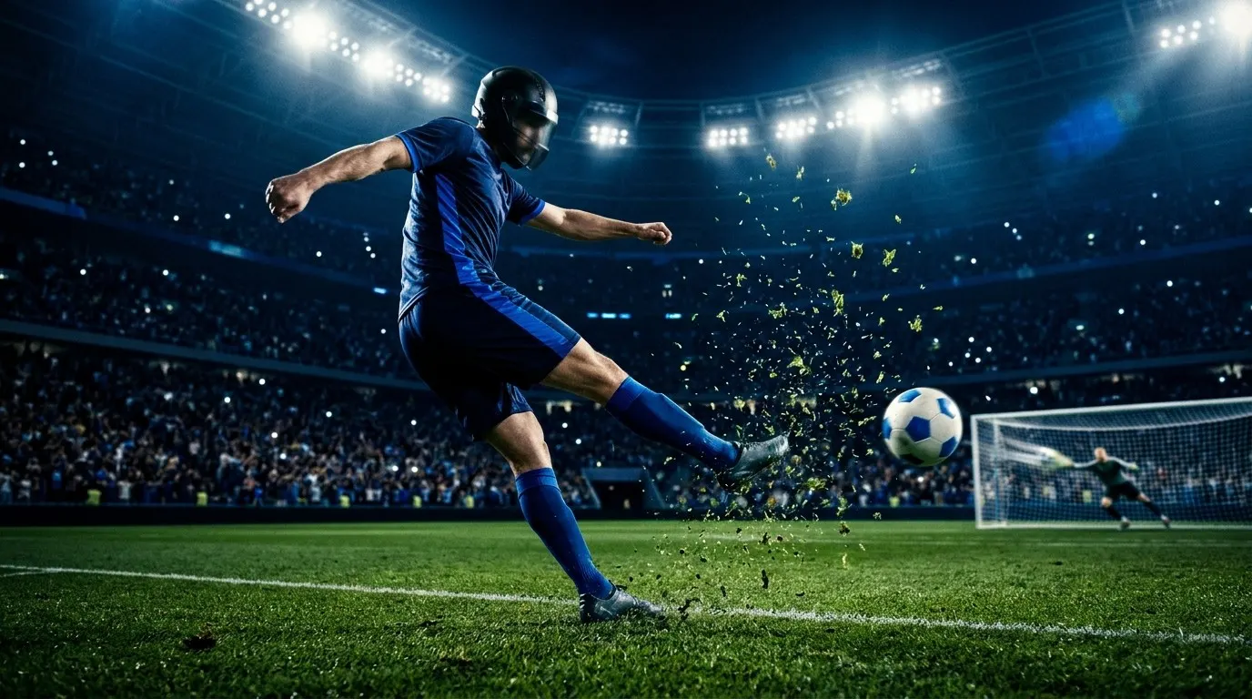Footballeur frappant le ballon dans un stade illuminé, le gardien en arrière-plan