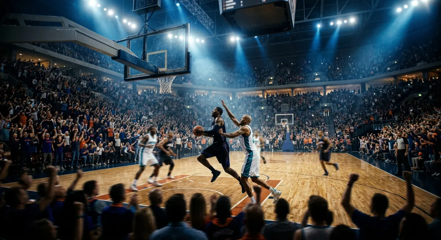 Match de basket dans une salle comble, un joueur s'élance vers le panier