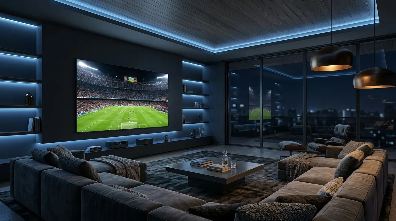Salon home cinéma aux éclairages bleus, un match diffusé sur un très grand écran