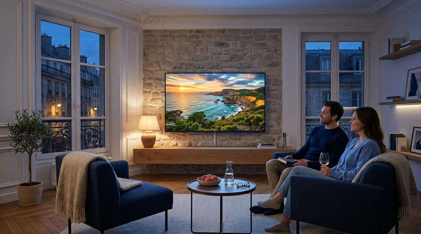 Couple regardant la télévision dans un salon parisien, en soirée