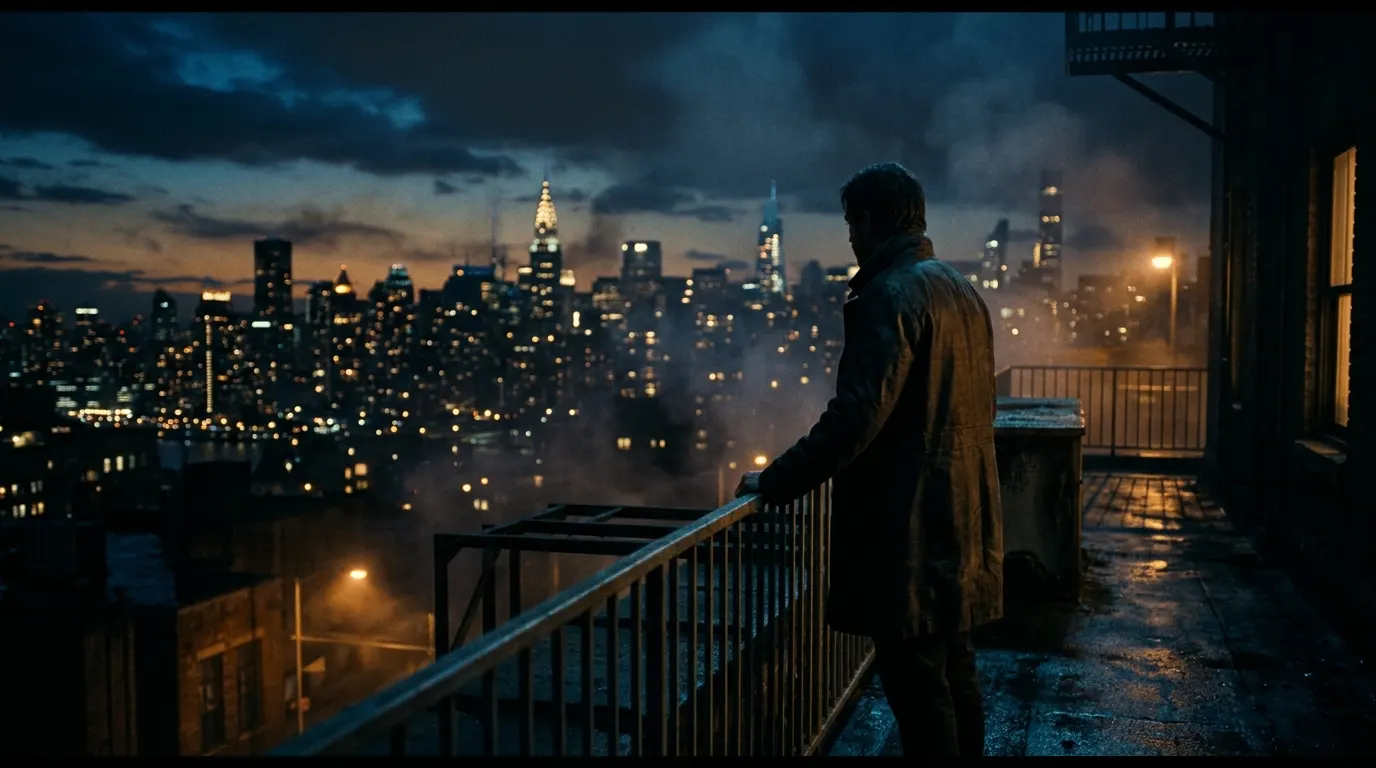 Scène de film : un homme sur un balcon face aux gratte-ciel de New York, la nuit