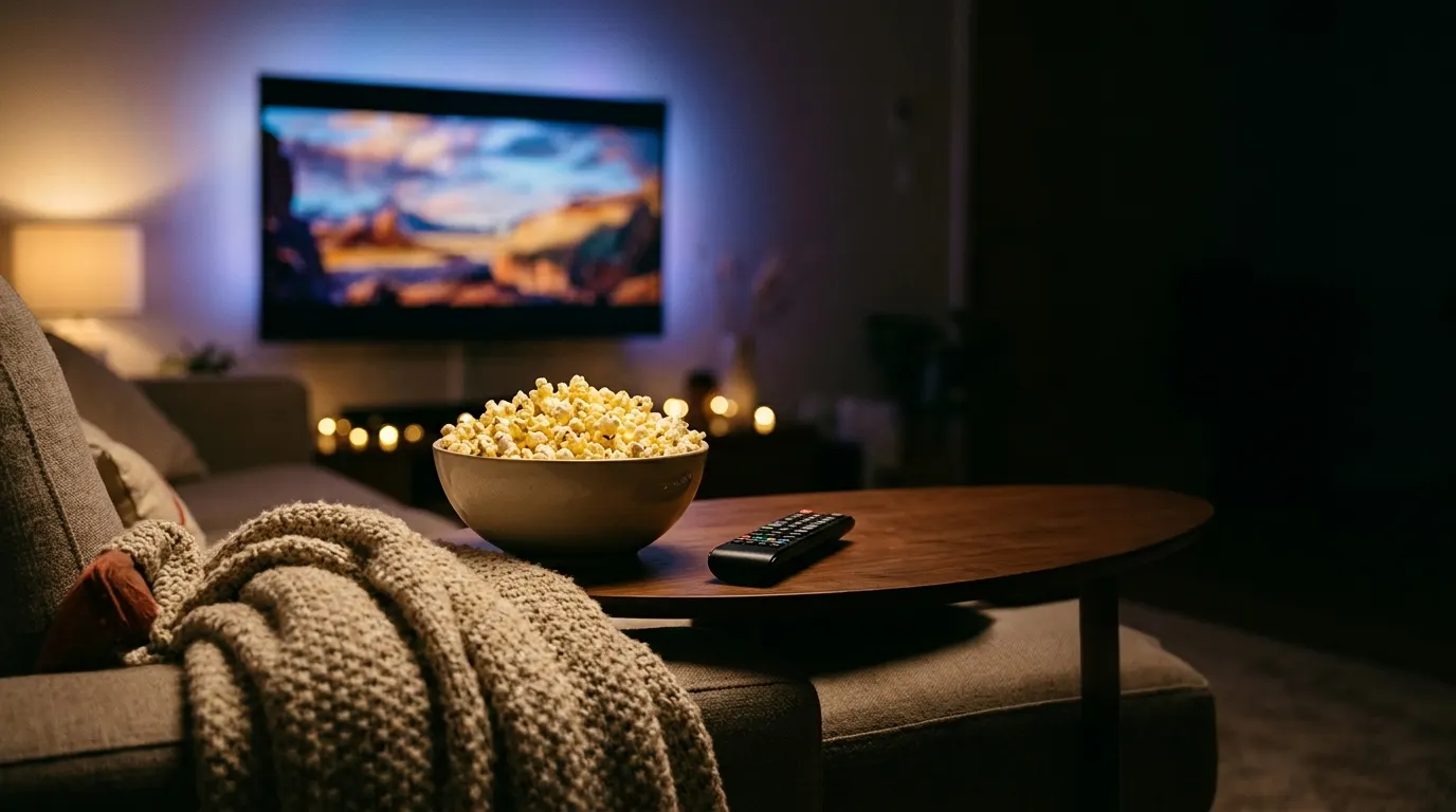 Soirée film à la maison : bol de pop-corn et télécommande devant la télévision