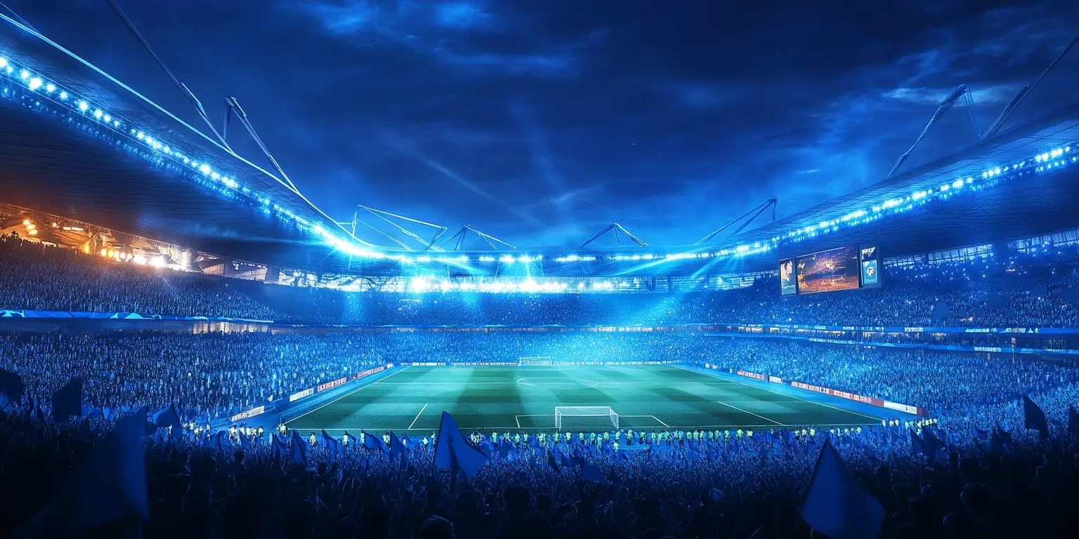 Stade éclairé en bleu, tribunes pleines de supporters agitant des drapeaux