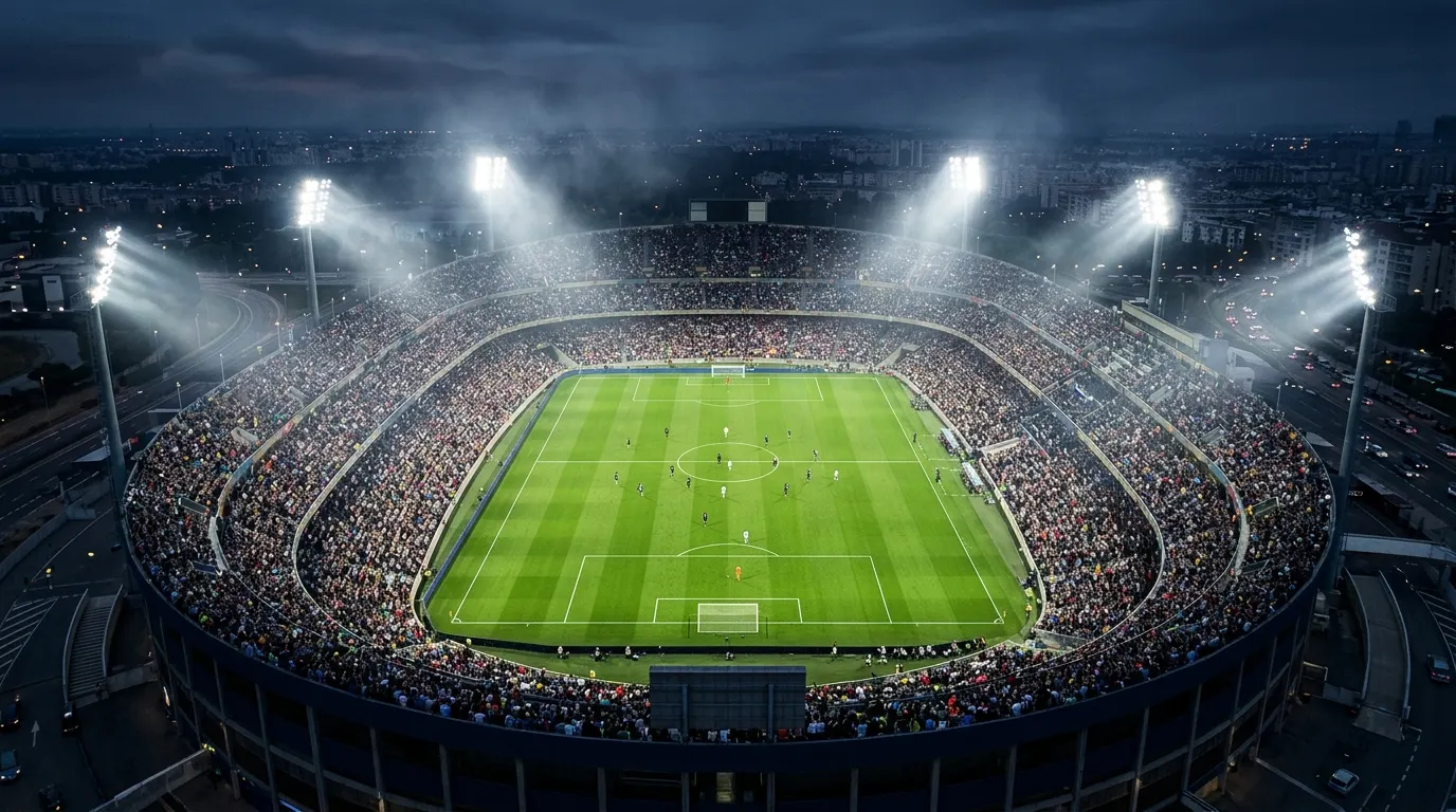 Stade de football illuminé vu du ciel, un soir de match